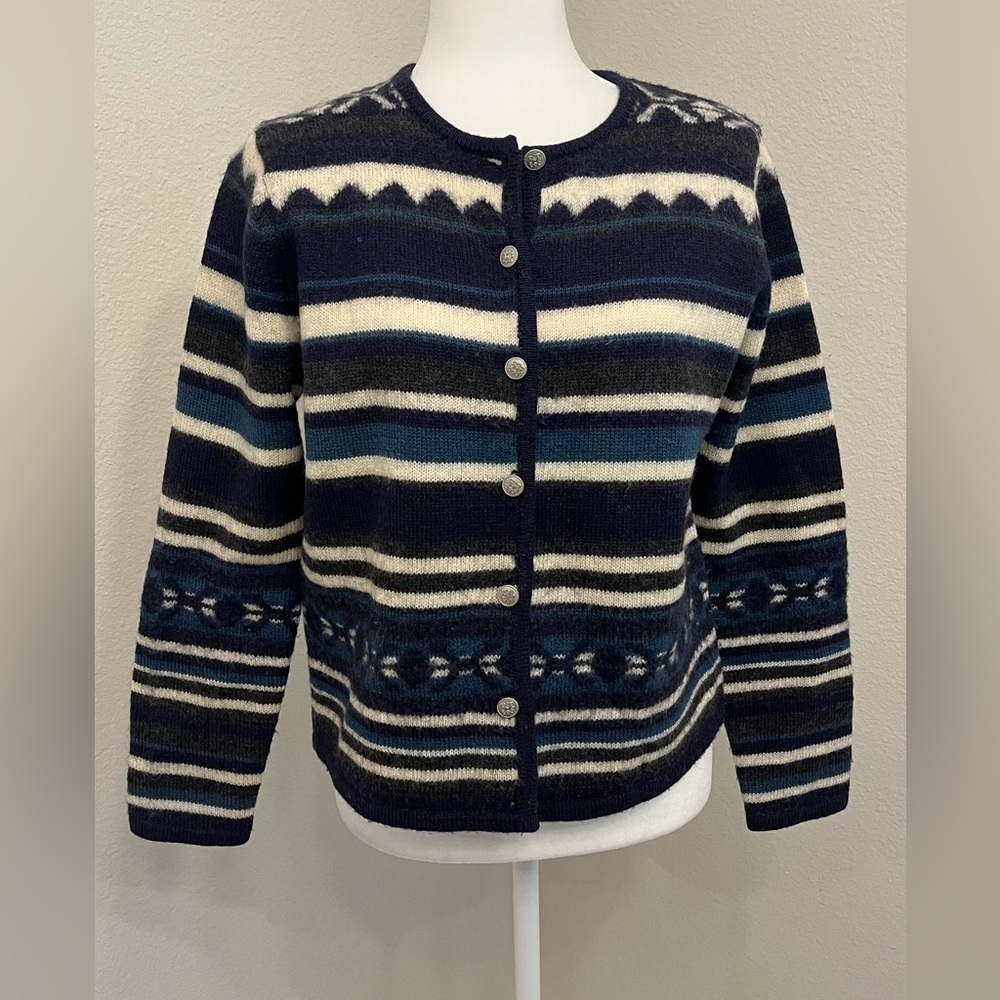 Karen Scott Women's Blue & Cream Vintage Print Pure Wool Fair Isle Sweater